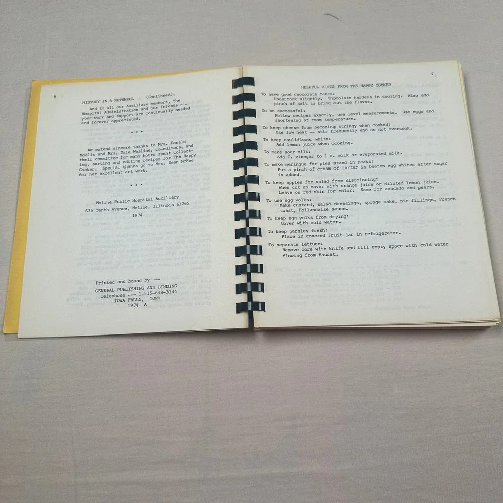 Vintage 1974 The Happy Cooker Moline Public Hospital Auxiliary Cookbook Illinois